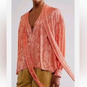 Free People Lucca Tie Neck Coral Floral Jacquard Orange Blouse S